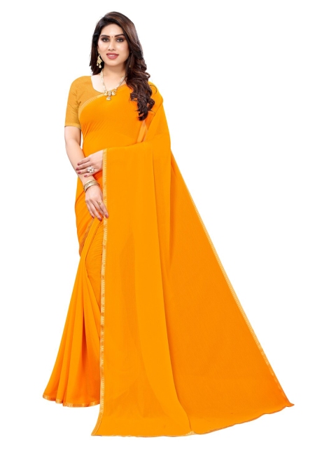 

KALINI Orange & Gold-Toned Solid Pure Chiffon Saree