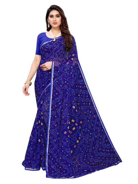 

KALINI Blue & White Bandhani Pure Chiffon Saree