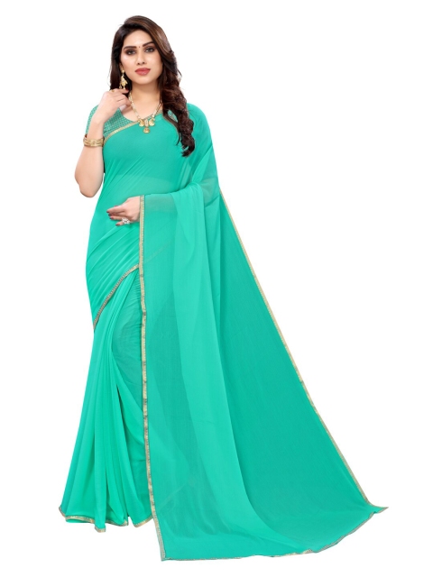 

KALINI Sea Green & Gold-Toned Solid Pure Chiffon Saree