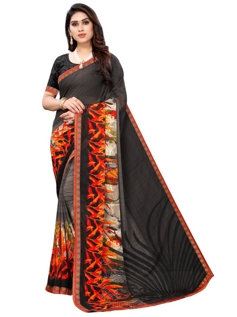

KALINI Black & Red Floral Motifs Printed Saree