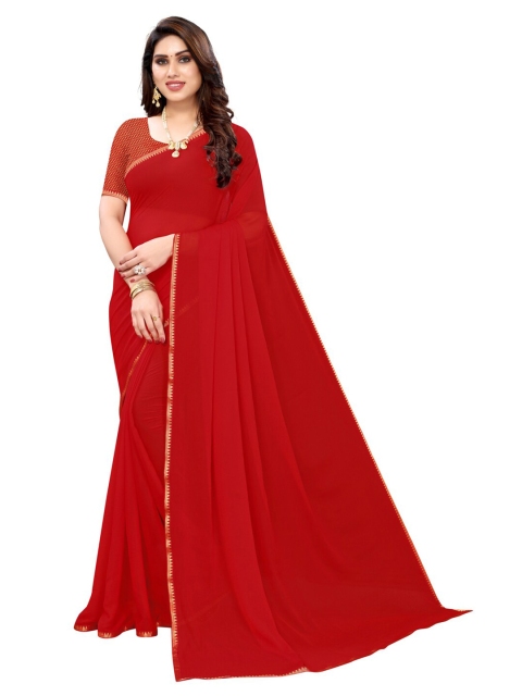 

KALINI Red & Gold-Toned Solid Zari Pure Chiffon Saree