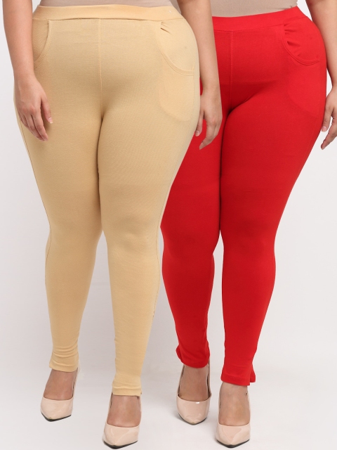 

TAG 7 PLUS Beige & Red Set of 2 Solid Leggings