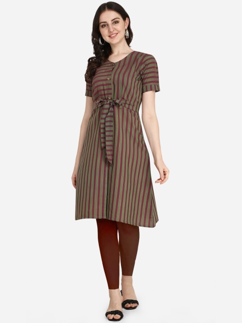 

OM SAI LATEST CREATION Women Green & Purple Striped V-Neck Pure Cotton Kurti