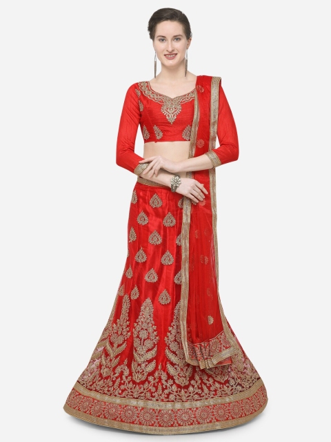 

V SALES Red & Gold-Toned Embroidered Semi-Stitched Lehenga & Unstitched Choli With Dupatta