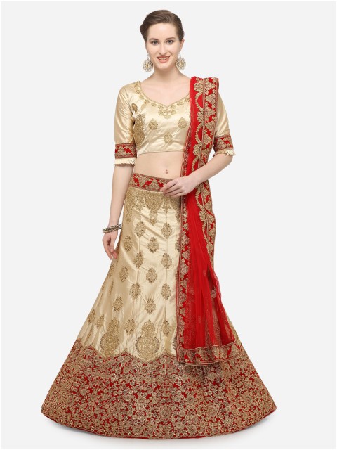 

V SALES Beige & Gold-Toned Zari Semi-Stitched Lehenga & Unstitched Choli With Dupatta