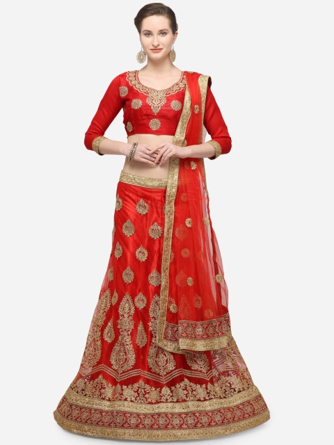 

V SALES Red & Gold-Toned Embroidered Semi-Stitched Lehenga & Unstitched Choli With Dupatta
