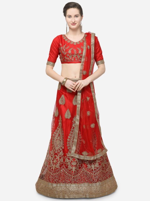 

V SALES Red & Gold- Toned Zari Semi-Stitched Lehenga & Unstitched Choli With Dupatta