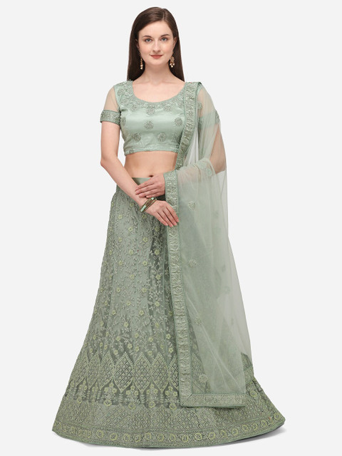 

V SALES Green Embroidered Semi-Stitched Lehenga & Unstitched Choli With Dupatta