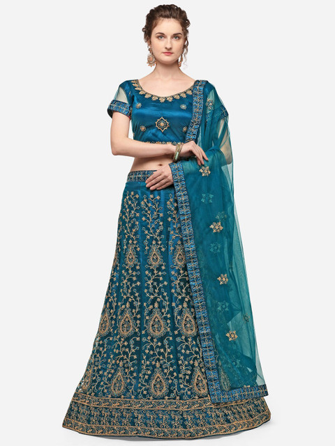 

V SALES Teal & Gold-Toned Zari Semi-Stitched Lehenga & Unstitched Choli With Dupatta