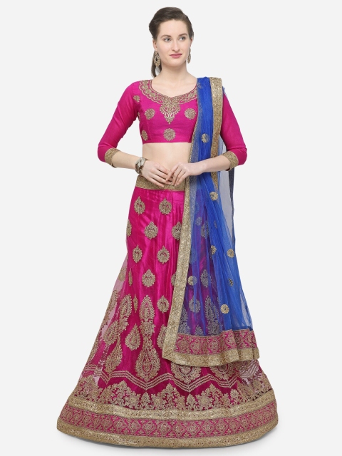 

V SALES Pink & Blue Embroidered Semi-Stitched Lehenga & Unstitched Choli With Dupatta
