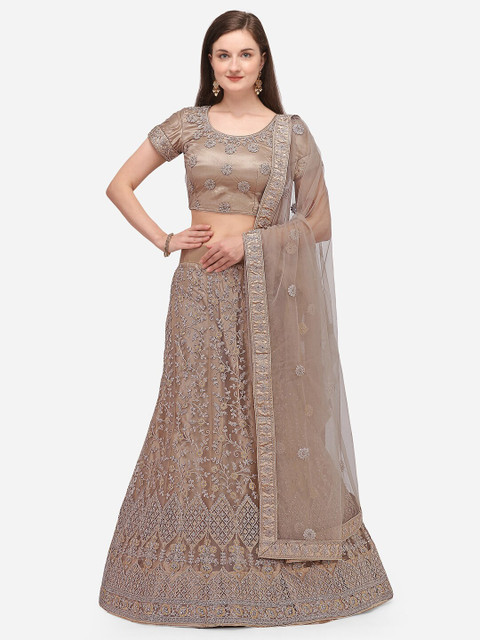 

V SALES Beige & Grey Thread Work Semi-Stitched Lehenga & Unstitched Choli With Dupatta