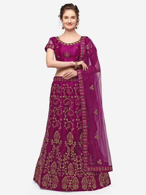 

V SALES Purple Embroidered Semi-Stitched Lehenga & Unstitched Blouse with Dupatta