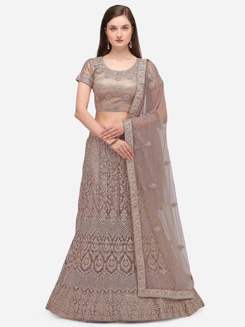 

V SALES Beige Embroidered Semi-Stitched Lehenga & Unstitched Blouse with Dupatta