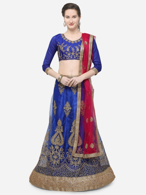 

V SALES Blue & Red Embroidered Semi-Stitched Lehenga & Unstitched Blouse with Dupatta