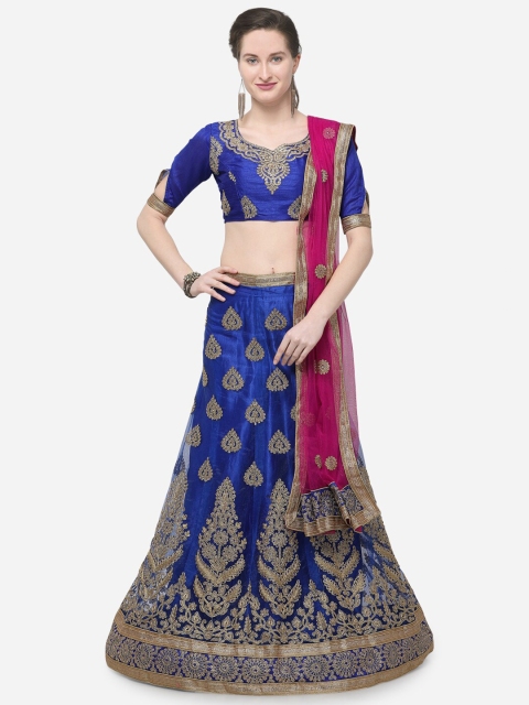 

V SALES Blue & Pink Embroidered Semi-Stitched Lehenga & Unstitched Blouse with Dupatta