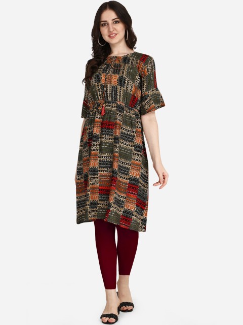 

OM SAI LATEST CREATION Women Grey & Olive Green Ethnic Motifs Printed A-line Kurti