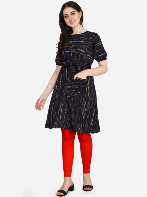 

OM SAI LATEST CREATION Women Navy Blue & Cream-Coloured Geometric Printed A-line Kurti