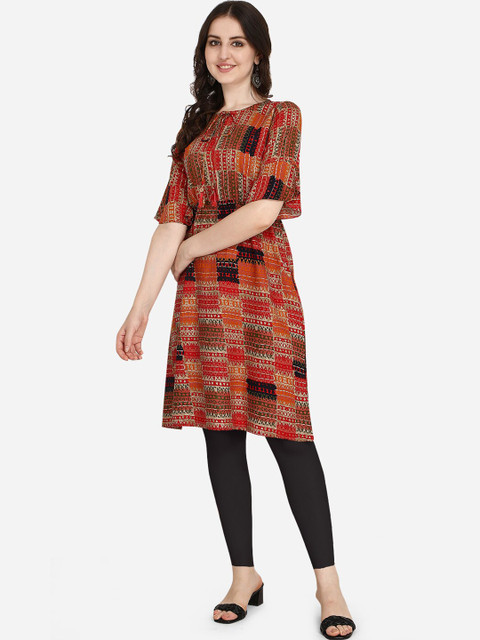 

OM SAI LATEST CREATION Women Red & Orange Geometric Printed Round Neck Empire Kurti