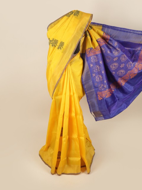 

Pothys Yellow & Blue Floral Motifs Zari Pure Silk Saree