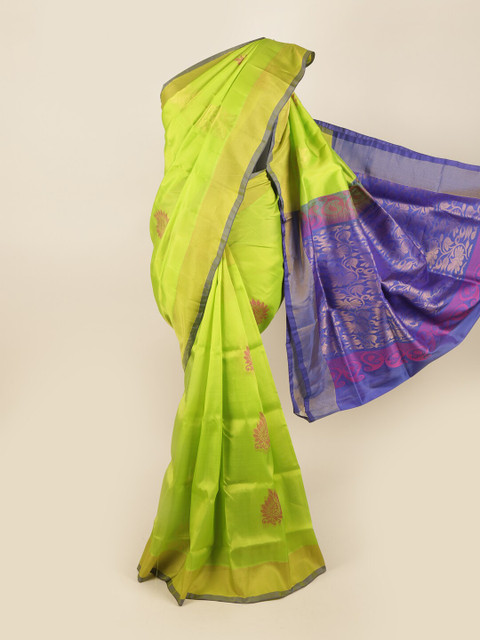 

Pothys Lime Green & Blue Ethnic Motifs Zari Pure Silk Saree