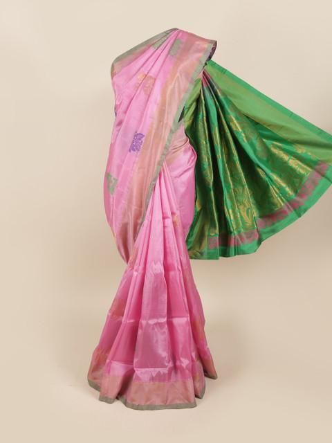 

Pothys Pink & Green Floral Motifs Zari Pure Silk Saree