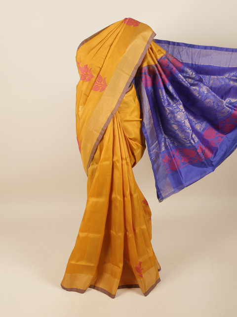 

Pothys Mustard & Blue Floral Motifs Zari Pure Silk Saree