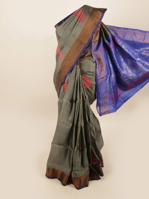 

Pothys Grey & Blue Ethnic Motifs Pure Silk Saree