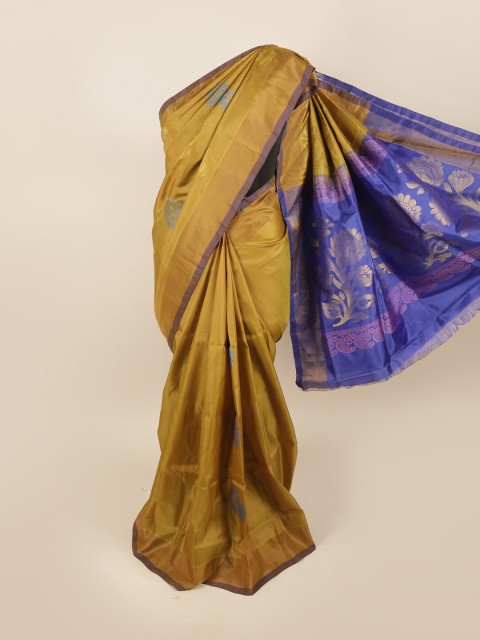 

Pothys Mustard & Blue Floral Pure Silk Saree
