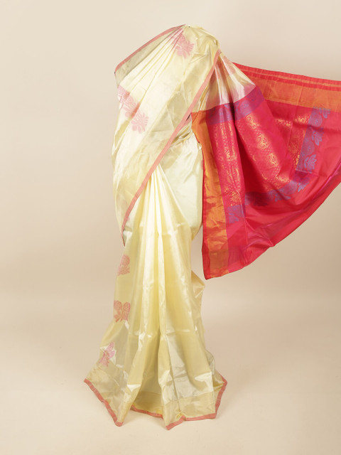 

Pothys Cream-Coloured & Pink Floral Pure Silk Saree