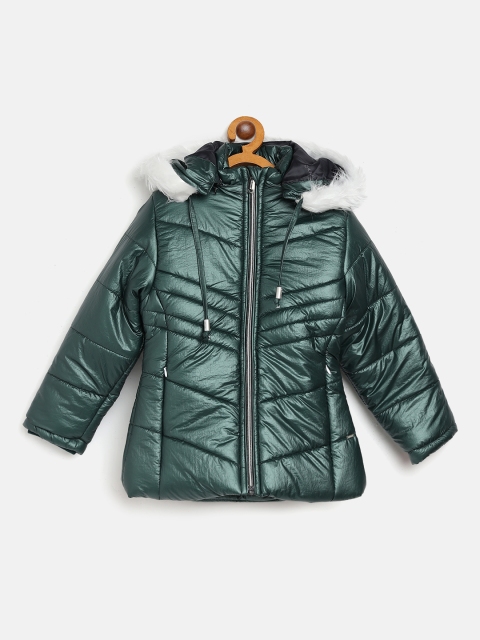 

Okane Girls Green Sheen Effect Faux Fur Detail Parka Jacket with Detachable Hood