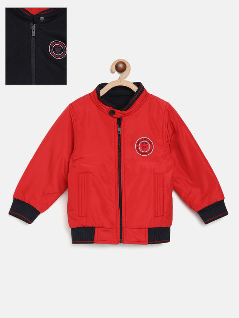 

Okane Boys Red & Navy Blue Solid Reversible Bomber Jacket with Patchwork