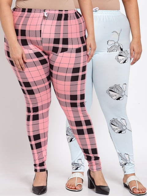 

KLOTTHE Women Plus Size Pack of 2 Pink & Blue Printed Leggings