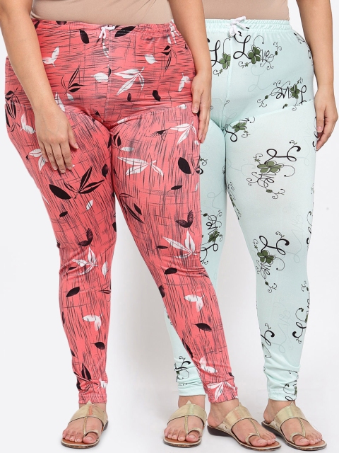 

KLOTTHE Women Plus Size Peach & Blue Set of 2 Printed Leggings