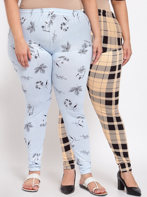 

KLOTTHE Women Plus Size Pack of 2 Blue & Beige Printed Leggings