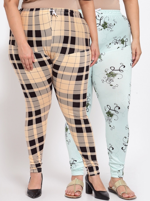 

Klotthe Women Pack of 2 Beige & Blue Printed Plus Size Leggings