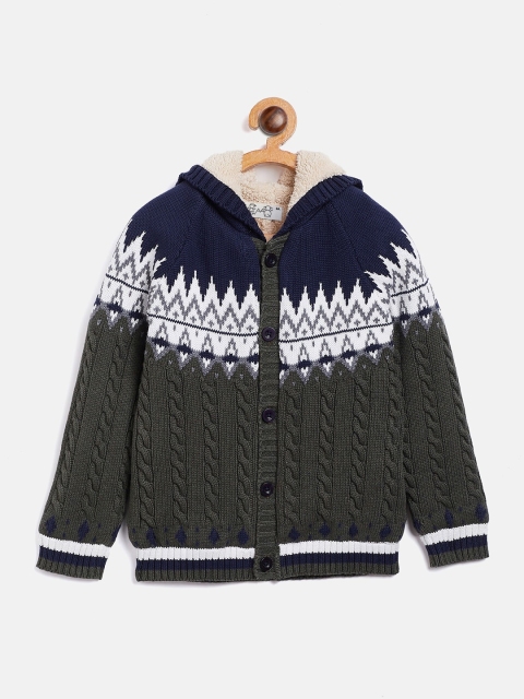 

JWAAQ Boys Olive Green & White Ribbed Pure Cotton Hooded Cardigan Sweater