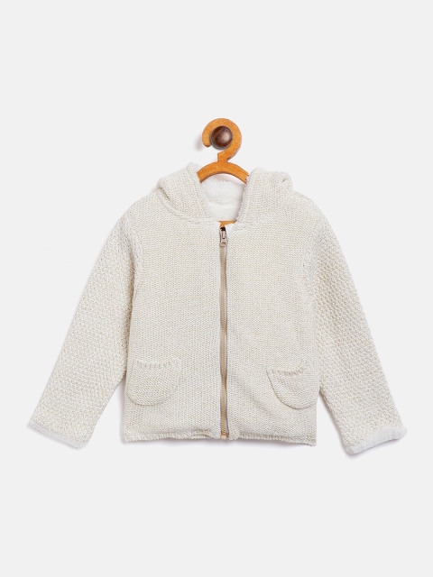 

JWAAQ Girls Cream-Coloured Pure Cotton Solid Hooded Front-Open With Zip Detail Sweater