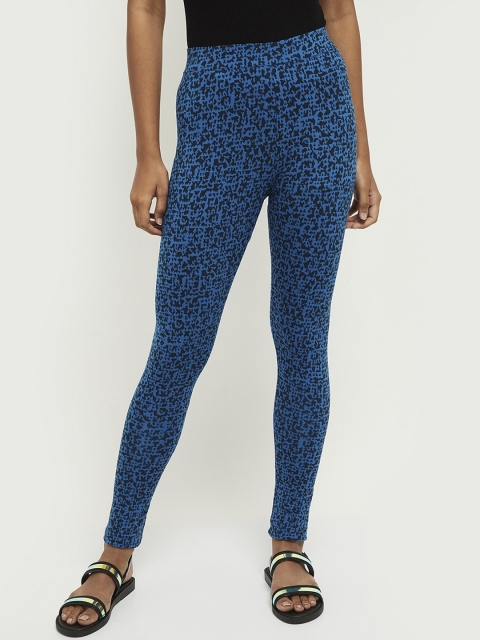 

max Women Blue & Black Printed Ankle-Length Leggings