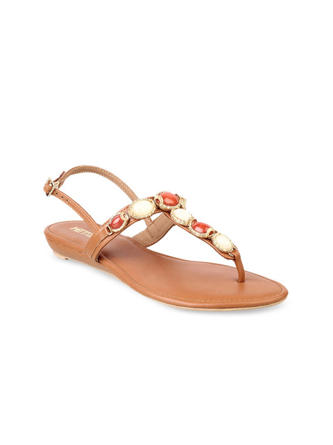 

Metro Women Beige & Red Embellished T-Strap Flats