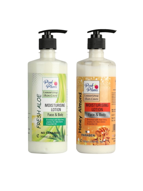 

Pink Plums Pack of 2 Aloevera & HONEY ALMOND Moisturising Body Lotion- 500ml Each, Cream