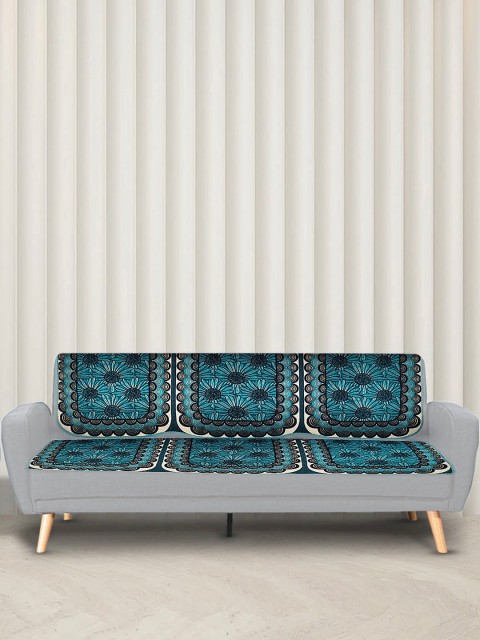

XOXO Design 6 Pieces Turquoise-Blue & Black Printed 5-Seater Sofa Covers
