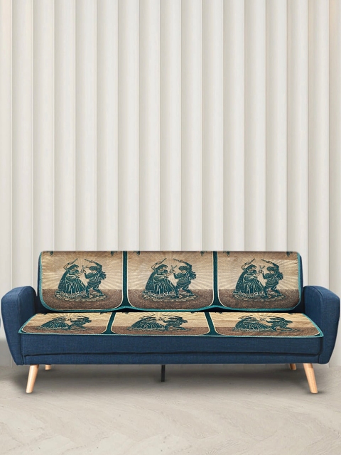 

XOXO Design Set Of 6 Turqouise Blue & Beige Dandiya Printed 5-Seater Sofa Covers, Turquoise blue