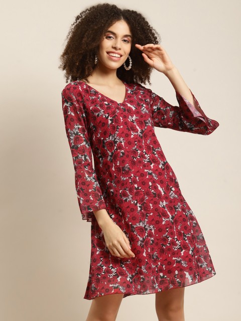 

Qurvii Red & Off White Floral Georgette A-Line Dress
