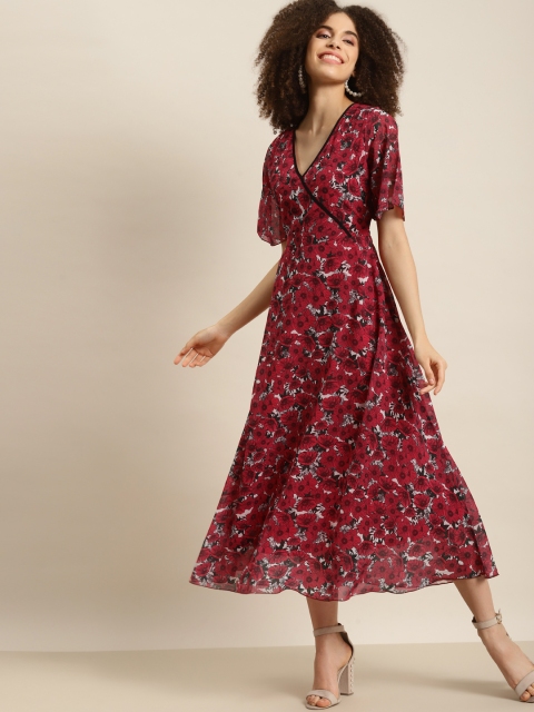 

Qurvii Red & Off White Floral Georgette A-Line Midi Dress