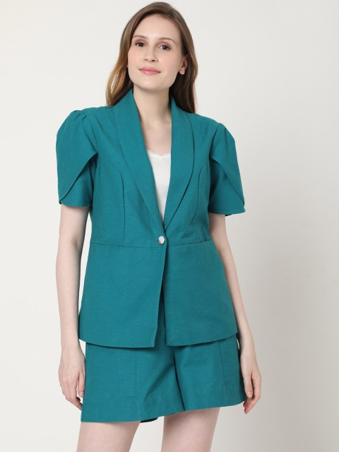 

Vero Moda Women Teal Blue Solid Single Breasted Blazer