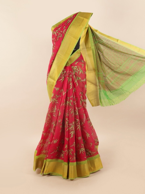 

Pothys Pink & Green Floral Motifs Printed Zari Cotton Blend Saree