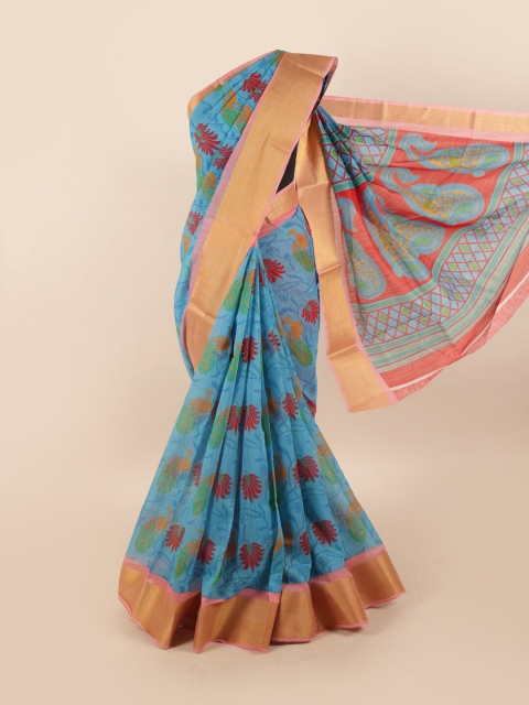 

Pothys Blue & Red Ethnic Motifs Printed Zari Cotton Blend Saree