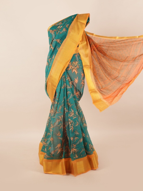 

Pothys Green & Gold-Toned Floral Motifs Printed Zari Cotton Blend Saree