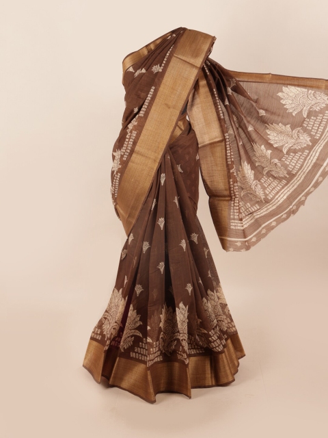 

Pothys Brown & Gold-Toned Floral Motifs Printed Zari Cotton Blend Saree
