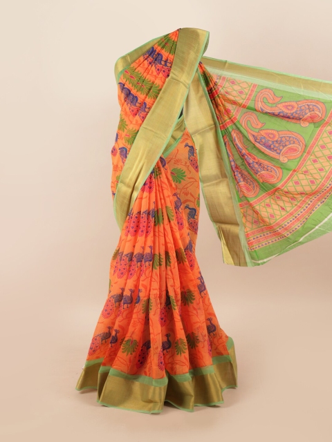 

Pothys Orange & Green Ethnic Motifs Printed Zari Cotton Blend Saree